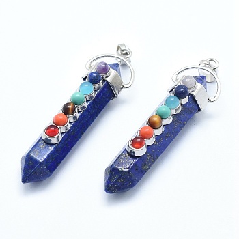 Chakra Jewelry, Natural Lapis Lazuli Double Terminated Pointed Pendants, with Natural & Synthetic Mixed Stone Alloy Findings, Bullet, Platinum, 58~61x16.5~18x15.5~16mm, Hole: 4.5x7.5mm