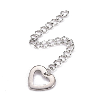 304 Stainless Steel Chain Extender, Curb Chain, with 202 Stainless Steel Charms, Hollow Heart, Stainless Steel Color, 59~62mm, Link: 3.7x3x0.5mm, Heart: 9.5x11x1mm