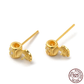 Barrel 925 Sterling Silver Micro Pave Cubic Zirconia Stud Earring Findings, for Half Drilled Beads, with S925 Stamp, Real 18K Gold Plated, 8.5x4.5mm, Pin: 0.8mm and 11x0.7mm