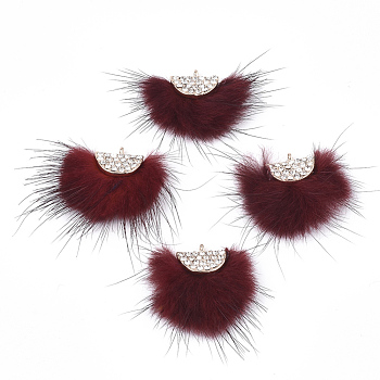 Faux Mink Fur Tassel Pendant Decorations, with Rhinestone and Alloy Findings, Fan, Golden, Dark Red, 24~28x29~34x8mm, Hole: 1.5mm