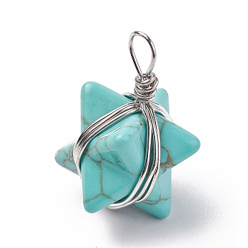 Synthetic Turquoise Pendants, with Brass Findings, Merkaba Star, Platinum, 24~27x17x17mm, Hole: 3.5~4mm