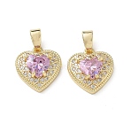 Valentine's Day Brass Micro Pave Pearl Pink Cubic Zirconia Charms, Long-Lasting Plated, Heart Charms, Real 18K Gold Plated, 15x14x6mm, Hole: 6x3.5mm(KK-A299-14G)