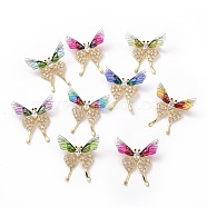 Resin Butterfly Lapel Pin with Clear Cubic Zirconia, Real 18K Gold Plated Brass Badge with Loop for Jewelry Pendant, Cadmium Free & Lead Free, Mixed Color, 49x47x5mm(JEWB-G015-01G)