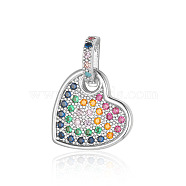 Brass Micro Pave Colorful Cubic Zirconia Pendants, Flat Round with Heart Charms, Platinum, 24x17x1.8mm(ZIRC-OY002-01P)