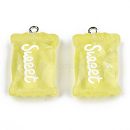 Transparent Resin Pendants, with Paillette & Platinum Tone Iron Peg Bail, Candy with Word Sweet, Yellow, 29x18.5x8mm, Hole: 2mm(X-RESI-S356-54A-04)