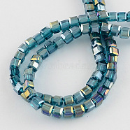 Electroplate Glass Beads Strands, AB Color Plated, Faceted, Cube, Dark Turquoise, 4x4x4mm, Hole: 1mm, about 100pcs/strand, 17 inch(X-EGLA-R030-4x4mm-14)