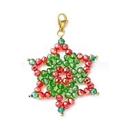 Christmas Snowflake Electroplate Glass Bead Woven Pendant Decorations, with 304 Stainless Steel Lobster Claw Clasps, Colorful, 60mm, Snowflake: 45x50mm(HJEW-JM00952)