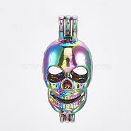 Plated Alloy Bead Cage Pendants, Skull, Colorful, 27.5x12.5x10.5mm, Hole: 2.5x3mm, Inner Measure: 16.5x10mm(X-PALLOY-S119-048)