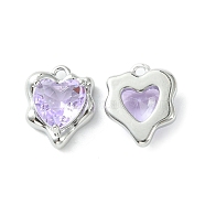 Brass Micro Pave Cubic Zirconia Charms, Heart Charm, Real Platinum Plated, Lilac, 13x11x4.5mm, Hole: 1.2mm(KK-L208-06P-03)