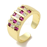 Rack Plating Brass Micro Pave Cubic Zirconia Cuff Rings, Long-Lasting Plated, Lead Free & Cadmium Free, Fuchsia, Adjustable(RJEW-H228-13G-01)
