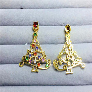 Brass Micro Pave Colorful Cubic Zirconia Pendant, Christmas Tree, 40x32mm(FIND-PW0016-02B)