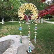 Metal Wire Wrapped Natural Citrine Chips Flat Round with Tree of Life Pendant Decorations. Hanging Suncatchers, with Glass Teardrop Charm, 300x80mm(TREE-PW0003-11D)