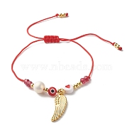 Heart and Evil Eye Acrylic Braided Bead Bracelet for Teen Girl Women, Wing Alloy Charm Bracelet with Natural Malaysia Jade(Dyed) Beads, Golden, FireBrick, Inner Diameter: 5/8~3-3/8 inch(1.6~8.6cm)(BJEW-JB06997-02)