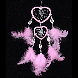 Heart Woven Web/Net with Feather Wall Hanging Decorations, with Iron Ring, for Home Bedroom Decorations, Pearl Pink, 350~400mm(PW-WG99519-04)