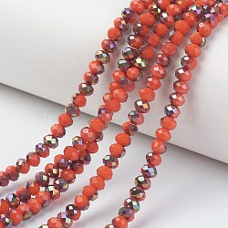 Electroplate Opaque Glass Beads Strands, Half Rose Gold Plated, Faceted, Rondelle, Tomato, 8x6mm, Hole: 1mm, about 65~68pcs/strand, 15.7~16.1 inch(40~41cm)(EGLA-A034-P8mm-R03)
