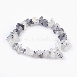 Natural Rutilated Quartz Beads Stretch Bracelets, with Brass Micro Pave Cubic Zirconia Beads, Chip and Cross, Platinum, 2-1/8 inch(5.3cm)~2-1/8 inch(5.5cm)(BJEW-JB03926-02)