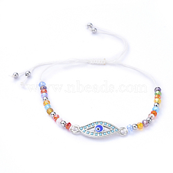 Adjustable Nylon Thread Braided Bead Bracelets, with 201 Stainless Steel Beads, Glass Beads and Alloy Enamel Links, Evil Eye, Colorful, Inner Diameter: 1-3/8 inch~3-1/4 inch(3.3~8.2cm)(BJEW-JB05157-04)