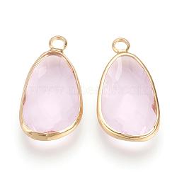 Glass Pendants, with Brass Findings, Faceted, teardrop, Nickel Free, Raw(Unplated), Pearl Pink, 22x12x4mm, Hole: 2mm(GLAA-S155-009)