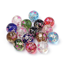 Printed Glass Beads, Round with Flower Pattern, Mixed Color, 10x9mm, Hole: 1.5mm(GFB-Q001-10mm-E)