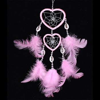 Heart Woven Web/Net with Feather Wall Hanging Decorations, with Iron Ring, for Home Bedroom Decorations, Pearl Pink, 350~400mm