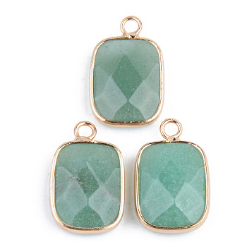 Faceted Natural Green Aventurine Pendants, with Golden Plated Brass Edge and Loop, Rectangle, 22x13.5x5.5mm, Hole: 2mm