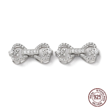 Rhodium Plated 925 Sterling Silver Micro Pave Clear Cubic Zirconia Fold Over Clasps, Long-Lasting Plated, Bowknot with 925 Stamp, Real Platinum Plated, Clasp1: 9.5x9x4mm, Hole:3x1.5mm, Clasp: 15x9.5x4mm, Hole: 3.5x1.5mm