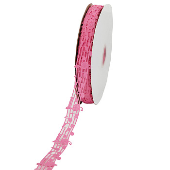 Polyester Grosgrain Ribbons, Hollow, Musical Note Pattern, Pink, 1-1/8"(28mm)