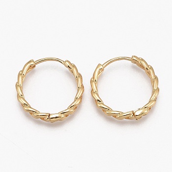 Brass Huggie Hoop Earrings, Long-Lasting Plated, Curb Chain Shape, Ring, Real 18K Gold Plated, 16x3mm, Pin: 1mm