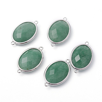 Platinum Tone Brass Green Aventurine Links connectors, Faceted, Oval, 26.5x15x6mm, Hole: 1~2mm
