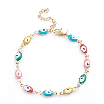 304 Stainless Steel Link Bracelets, with Enamel and Lobster Claw Clasps, Evil Eye, Colorful, Golden, 8-1/8 inch(20.5cm)