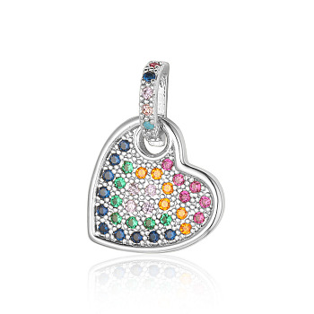 Brass Micro Pave Colorful Cubic Zirconia Pendants, Flat Round with Heart Charms, Platinum, 24x17x1.8mm