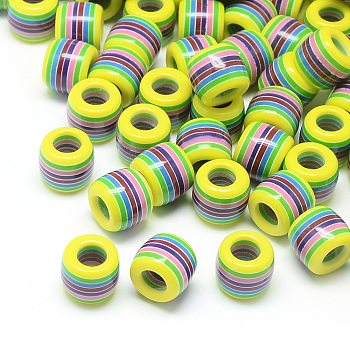 Opaque Stripe Resin Beads, Large Hole Beads, Barrel, Yellow, 11x10.5mm, Hole: 6mm