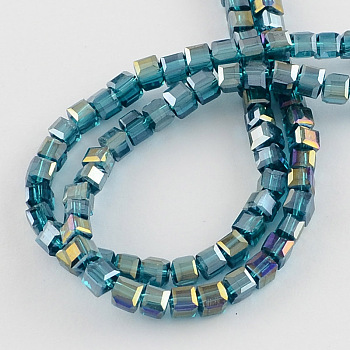 Electroplate Glass Beads Strands, AB Color Plated, Faceted, Cube, Dark Turquoise, 4x4x4mm, Hole: 1mm, about 100pcs/strand, 17 inch