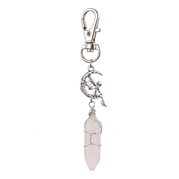 Pointed Natural Rose Quartz Pendant Decorations, with Alloy Pendants and Swivel Lobster Claw Clasps, Fairy and Bullet, 87mm