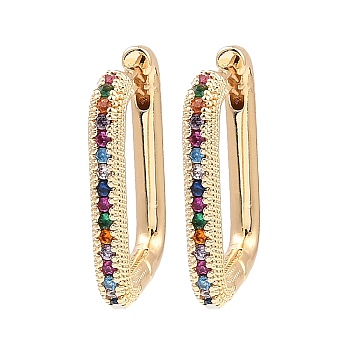 Brass Micro Pave Cubic Zirconia Hoop Earrings, Rectangle, Light Gold, 18x2.5x13.5mm
