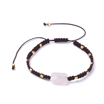 Adjustable Natural Rose Quartz Braided Bead Bracelets, Nylon Thread Square Knot Bracelets, with Brass Beads, 6-3/4 inch~13 inch(17~33cm)