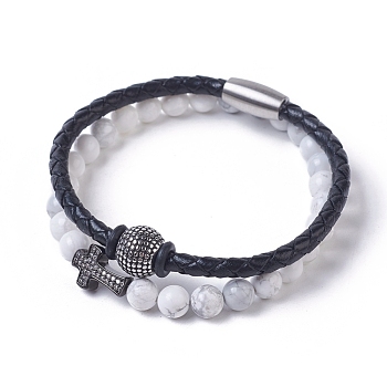 Stackable Bracelets Sets, Leather Cord Bracelet and Natural Howlite Stretch Bracelets, with 304 Stainless Steel Magnetic Clasps and European Beads, Brass Cubic Zirconia Cross Bead and Burlap Bag, 7-3/8 inch(18.9cm), 2 inch(5.2cm), 2pcs/set
