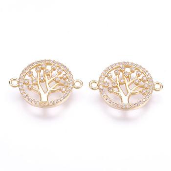 Brass Micro Pave Cubic Zirconia Links, Flat Round with Tree of Life, Real 18K Gold Plated, 15.5x20x2mm, Hole: 1mm