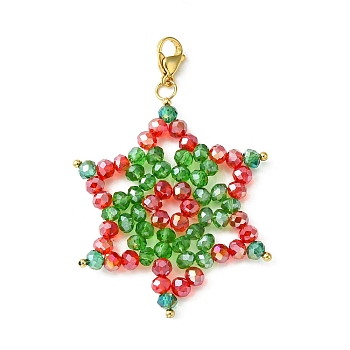 Christmas Snowflake Electroplate Glass Bead Woven Pendant Decorations, with 304 Stainless Steel Lobster Claw Clasps, Colorful, 60mm, Snowflake: 45x50mm