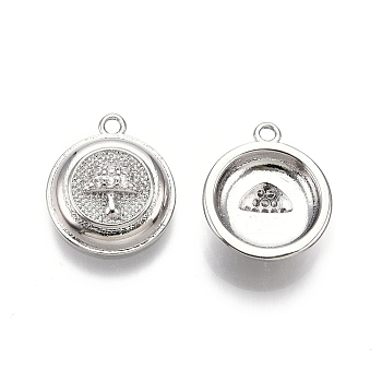 Flat Round with Mushroom Pattern Brass Micro Pave Clear Cubic Zirconia Pendants, Nickel Free, Real Platinum Plated, 16.5x13x4.5mm, Hole: 1.5mm