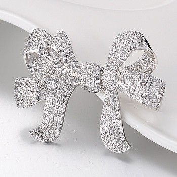 Bowknot Brass Micro Pave Cubic Zirconia Pendants, Stainless Steel Color, 39x50x11mm, Hole: 1x2mm