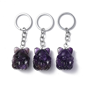 Natural Amethyst Keychains, with Iron Keychain Clasps, Fox, 8cm