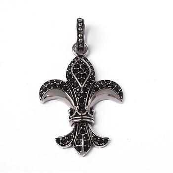316 Surgical Stainless Steel Rhinestone Pendants, Fleur-de-lis, Jet, 44x29x5mm, Hole: 5x10mm