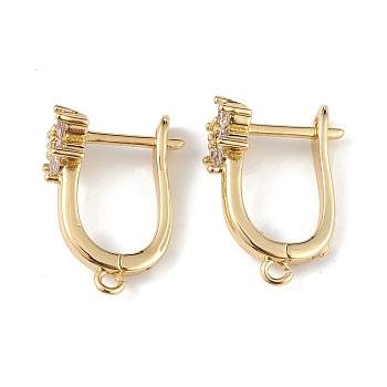 Brass Flower Hoop Earring Findings, Latch Back with Clear Cubic Zirconia, Lead Free & Cadmium Free, Real 18K Gold Plated, 18x13x7mm, Hole: 1.2mm, Pin: 1mm