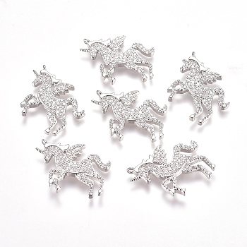 Brass Micro Pave Cubic Zirconia Pendants, Unicorn, Clear, Real Platinum Plated, 27x20x2mm, Hole: 1.2mm