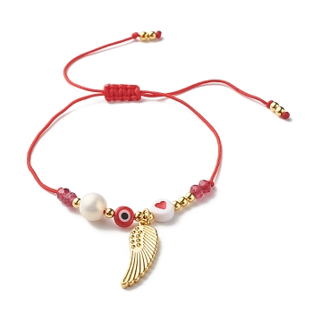 Heart and Evil Eye Acrylic Braided Bead Bracelet for Teen Girl Women, Wing Alloy Charm Bracelet with Natural Malaysia Jade(Dyed) Beads, Golden, FireBrick, Inner Diameter: 5/8~3-3/8 inch(1.6~8.6cm)