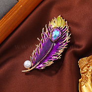 Ethnic Style Peacock Feather Enamel Pins, Light Gold Alloy Rhinestone Brooch with Imitation Pearl for Women's Sweaters Coats, Blue Violet, 74x32mm(PW-WG72421-01)