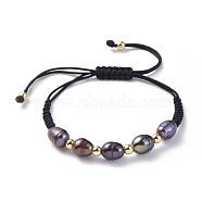 Braided Bead Bracelets, with Natural Cultured Freshwater Pearl Beads, Brass Beads and Nylon Thread, Black, 1-1/8 inch~2-7/8 inch(3~7.8cm)(BJEW-JB04820-02)