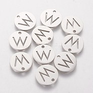 201 Stainless Steel Charms, Flat Round with Letter, Stainless Steel Color, Letter.W, 12x1mm, Hole: 1.5mm(STAS-Q201-T051-W)