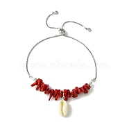 Natural Shell Charms Slider Bracelet, Synthetic Coral Chips Beaded Bracelet with Brass Chains, 12-5/8 inch(32cm)(BJEW-TA00365-01)